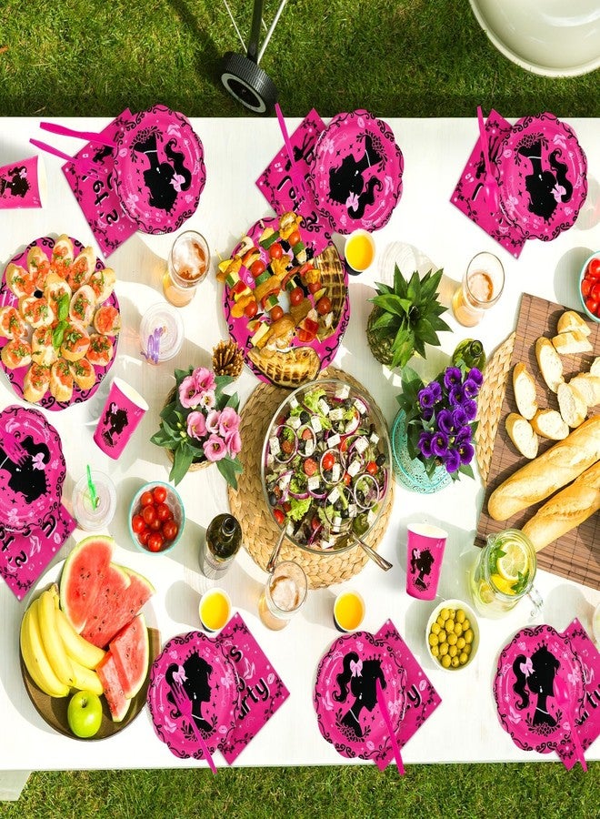 Greencian 168Pcs Hot Pink Birthday Party Supplies Set Black Fashion Girl Plates and Napkins Cute Princess Decorations Tableware Set for Birthday Disco Party Supplies，Serves 24 - Image 5